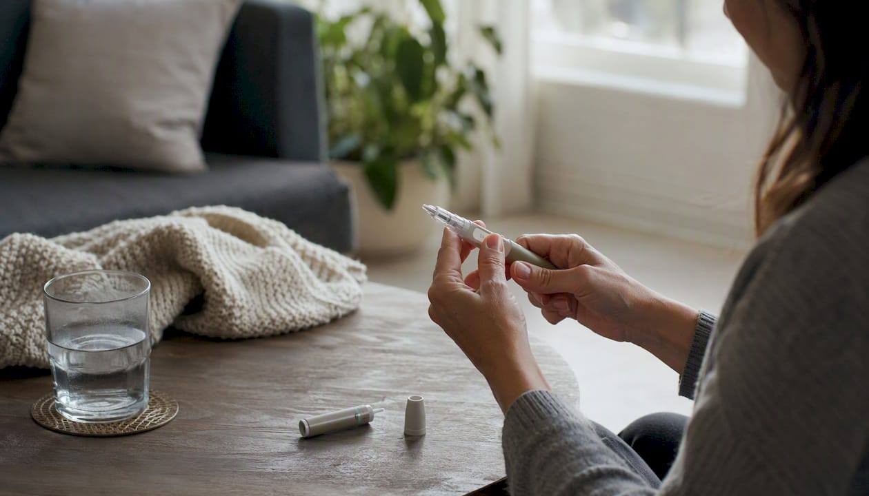 Hands assembling an injection pen