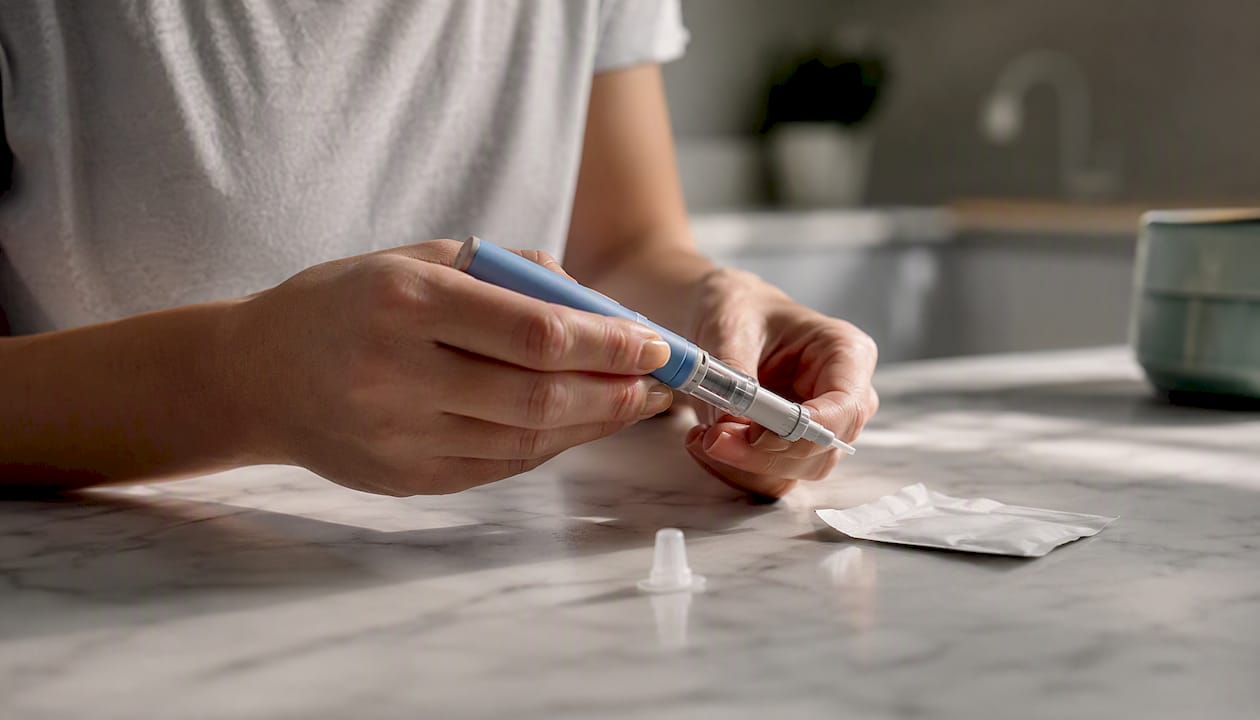 Hands preparing an injectable pen