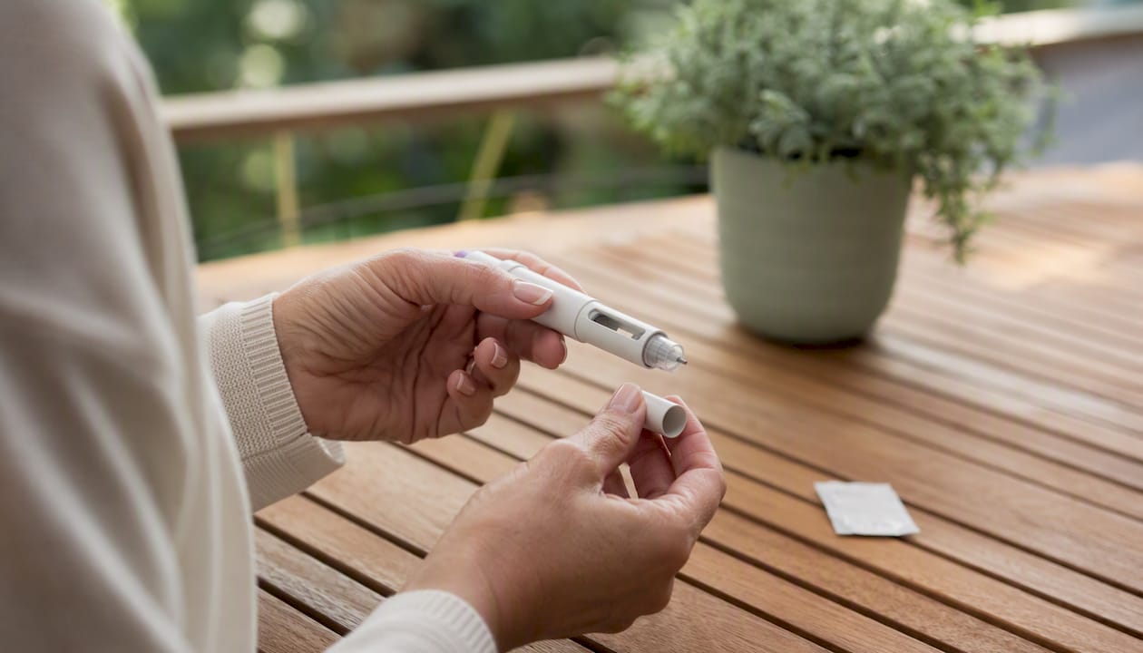 Hands preparing an injection pen