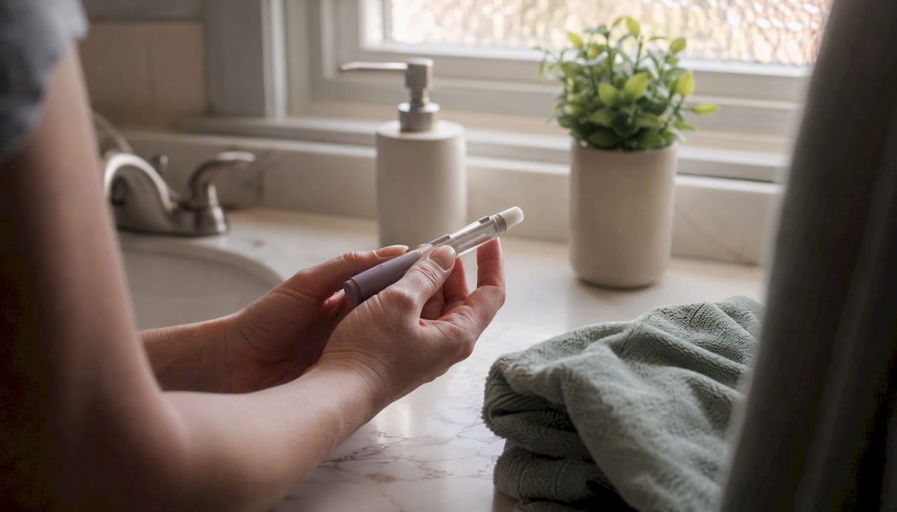 Hands preparing an injection pen at home