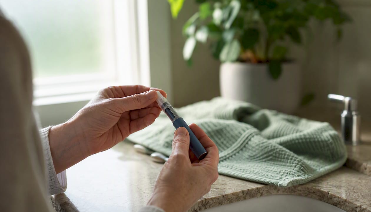 Close-up of hands preparing an injection pen
