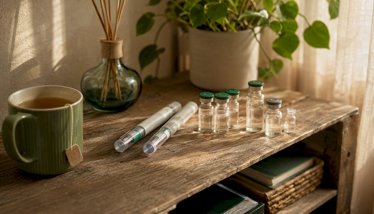 Injection pens and vials on a wooden shelf