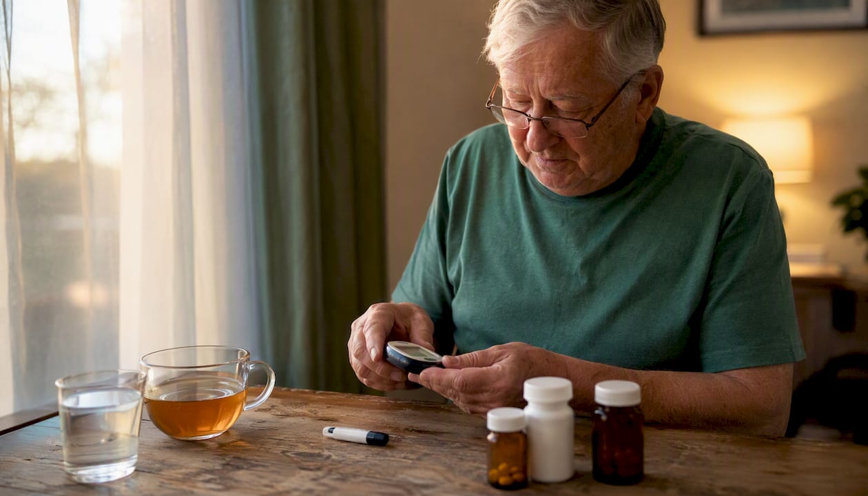 Older adult checking blood glucose