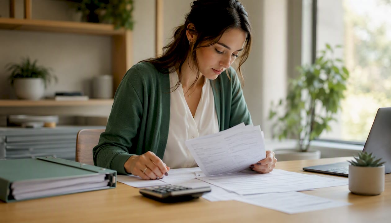 Woman reviewing claim forms at a desk
