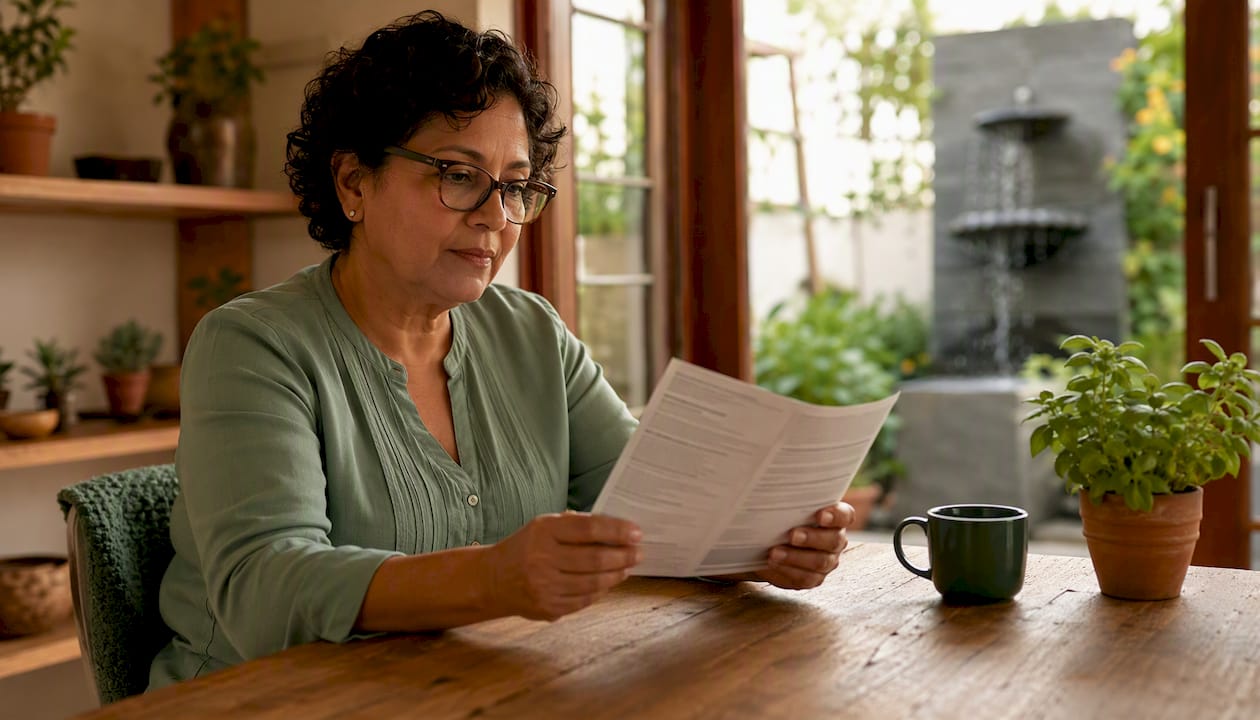 Woman reading medication information