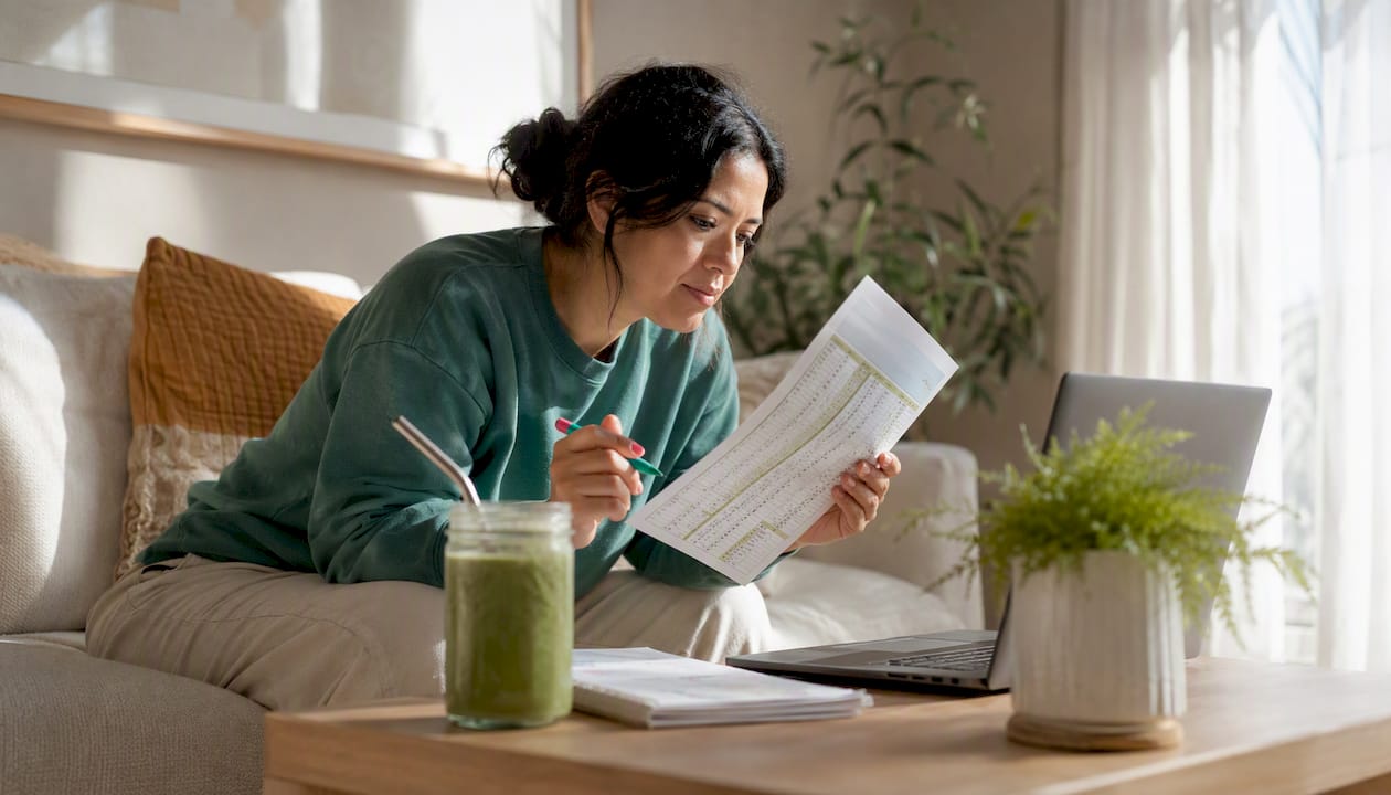 Woman reviewing medication costs at home