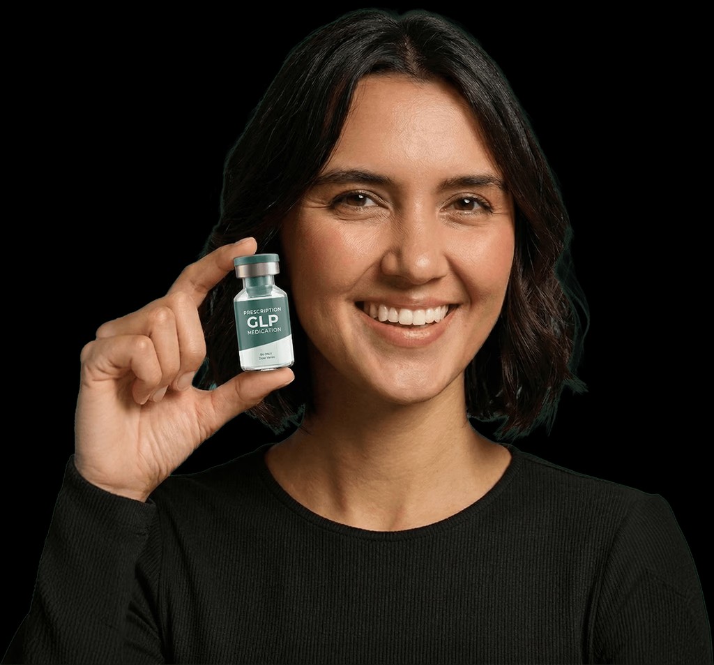 Model holding an illustrative medication vial